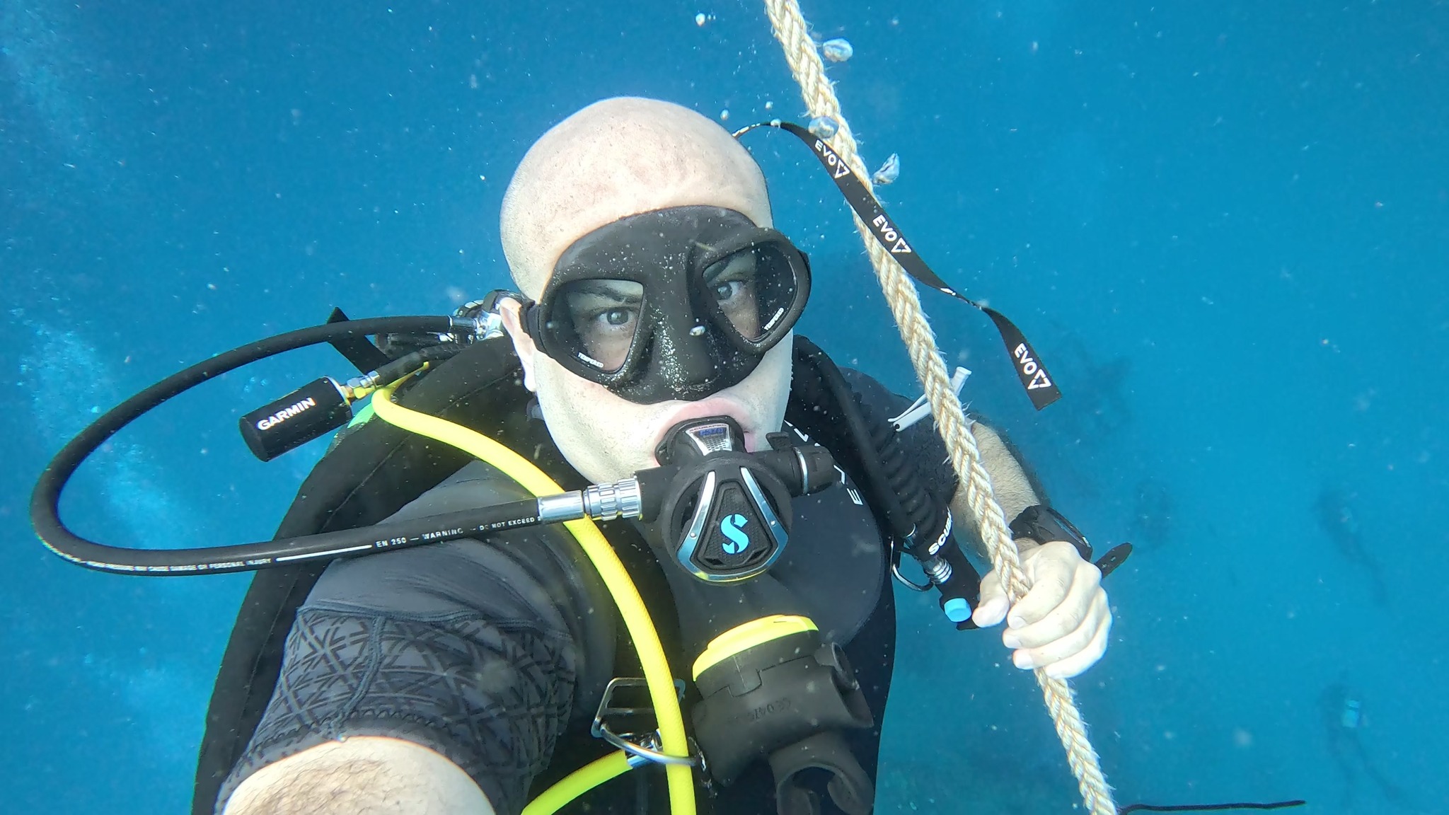 Professional dive guide leading divers at a wreck site